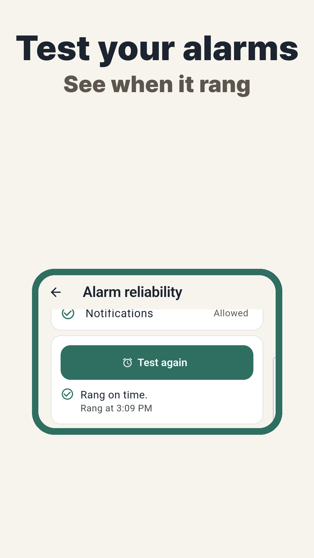 Screen for checking that alarms ring