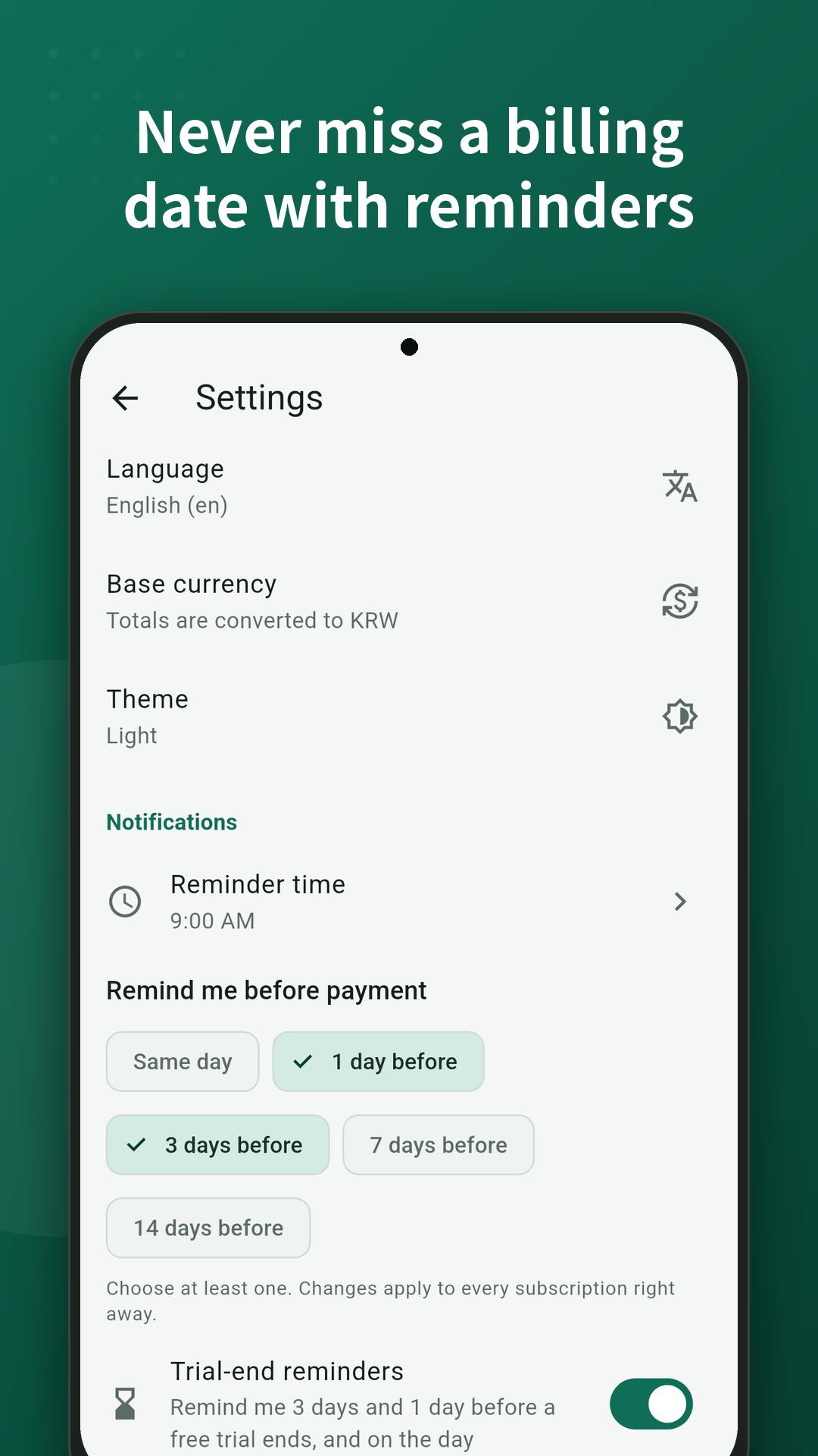 Screen to choose how many days before payment to get a reminder