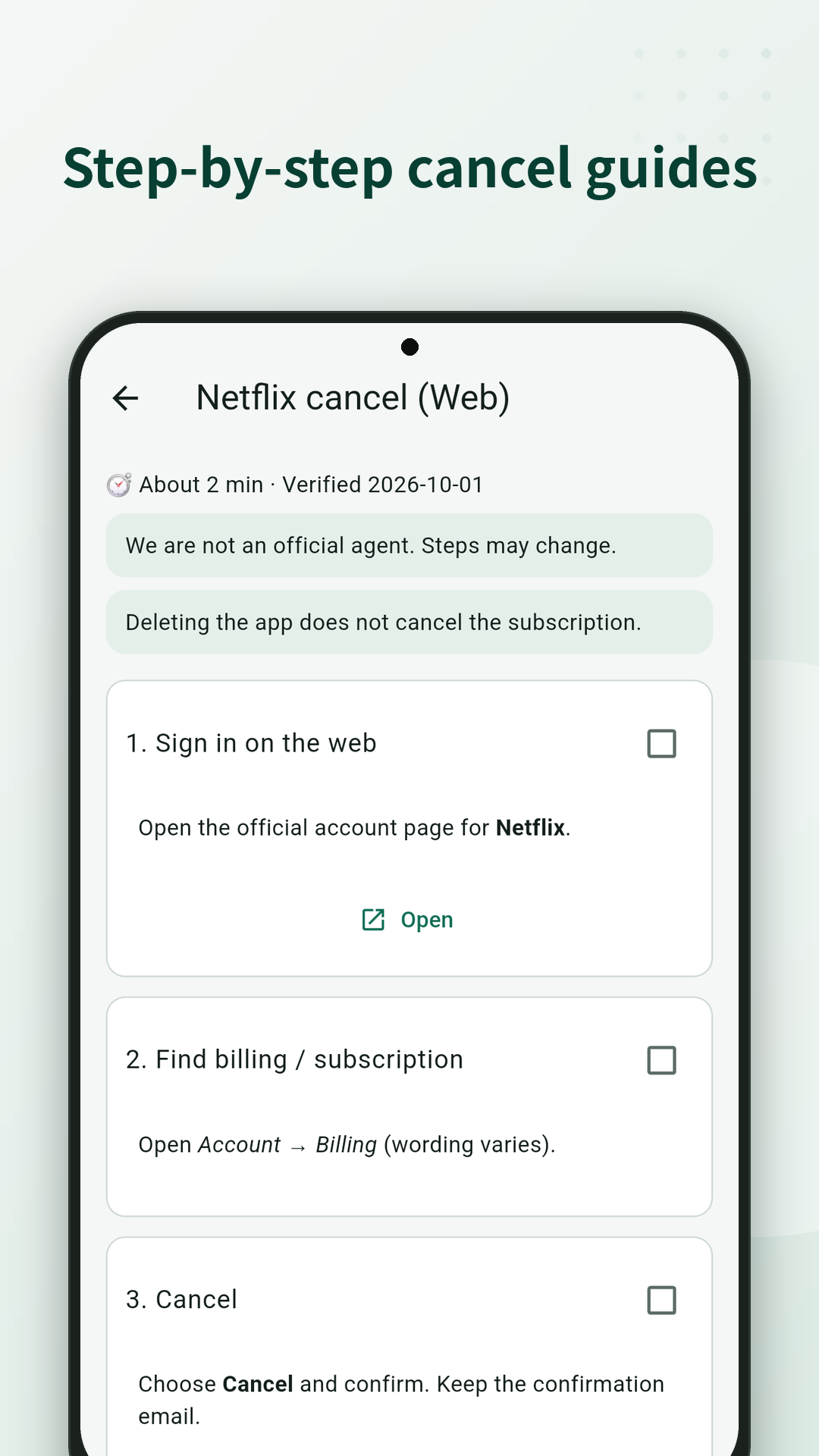 Step-by-step cancel guide for a service